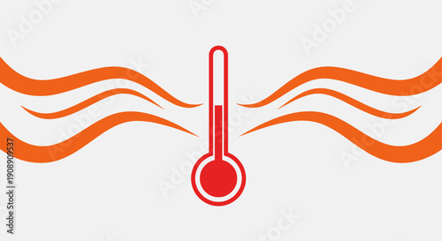 A graphic illustration depicts a red thermometer with rising temperature levels against a backdrop of orange heat waves, symbolizing warmth or overheating.