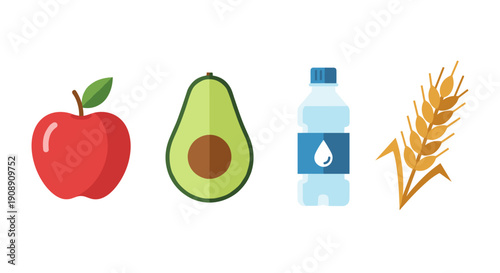 A vibrant illustration showcases an apple, avocado, water bottle, and wheat, representing healthy food choices and a balanced diet against a clean, white background.