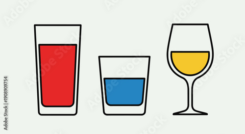 A vector illustration presents three stylized glasses, each with a different colored liquid, showcasing a modern and minimalist design suitable for various beverage-related concepts and marketing