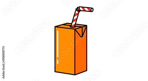 A cartoon illustration depicts a single orange juice box with a red and white striped straw, perfect for representing refreshment and healthy beverage choices in any design.