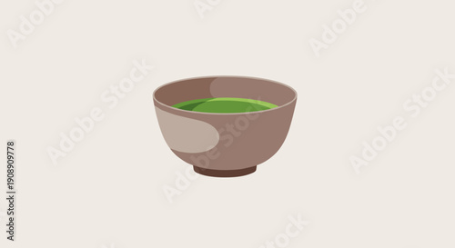 A minimalist illustration presents a ceramic bowl filled with vibrant green matcha tea, set against a soft beige backdrop, suggesting tranquility and the preparation of a traditional beverage.