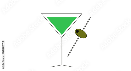 A minimalist illustration presents a classic martini cocktail, featuring a vibrant green drink in a triangular glass, garnished with a single olive on a toothpick against a clean white backdrop.