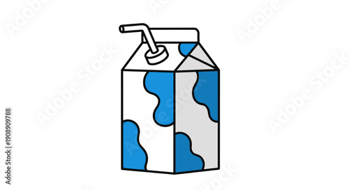 A vector illustration depicts a carton of milk with blue cow-like spots and a straw, representing a healthy dairy product often consumed for breakfast or as a refreshing beverage.