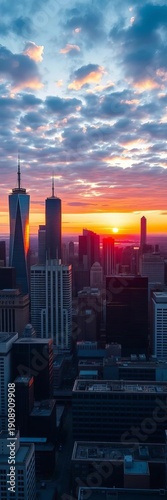 A city skyline at sunset with financial district buildings, architecture, urban