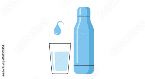 A refreshing illustration depicts a reusable blue water bottle, a glass filled with water, and a single water droplet, promoting hydration and eco-friendly practices against a clean white backdrop.