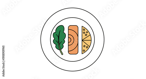 A minimalist illustration shows a balanced and healthy meal on a white plate, featuring fresh greens, a salmon fillet, and a wedge of cheese, promoting a nutritious lifestyle.