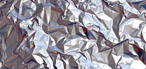 Close-up of crumpled silver foil, showing light reflections and texture, contemporary, surface