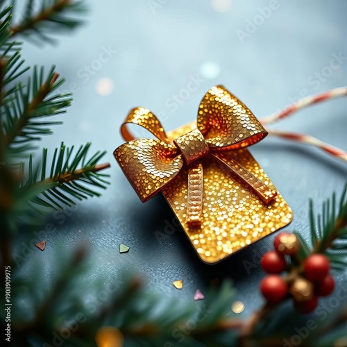Gold sequined Christmas gift tags with a festive bow, ||gold, holiday