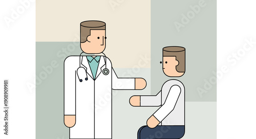 An illustrated doctor in a white coat consults with a patient in a simple, flat design, representing healthcare and medical examination within a modern clinic setting.