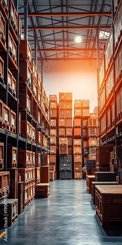 Industrial warehouse with crates and pallets, symbolizing global commerce, logistics, global commerce