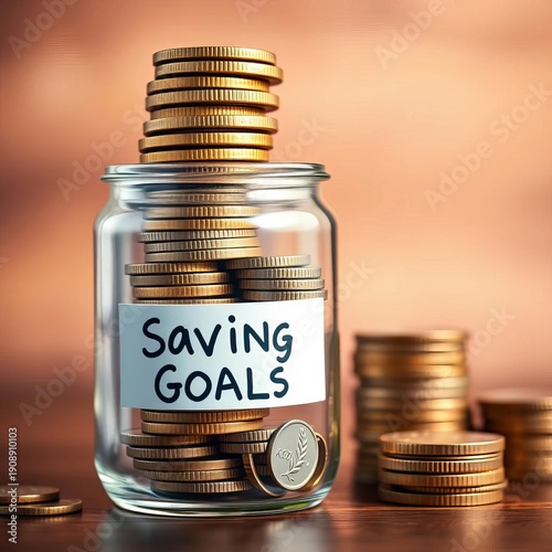 Stacked coins in a jar with a label saying 