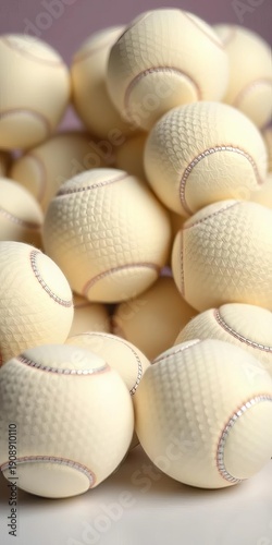 Stack of white tennis balls piled neatly on a flat surface, close-up, leisure