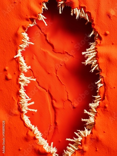 Torn edges with frayed threads, revealing rough underside, ||torn, underside