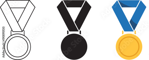 Golden medal with blue ribbon icons for winner achievement and sports competition award success