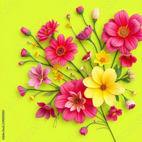 Vibrant floral design on a spring green background, vector, nature