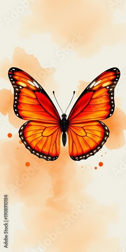 Vibrant butterfly wings unfolding from orange watercolor aquarelle background, whimsical, colorful