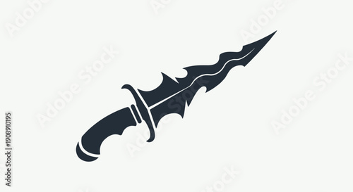 A stylized, monochromatic illustration of a dagger with a decorative, wavy blade and a textured handle, presented against a clean, neutral background, evoking themes of weaponry and design.
