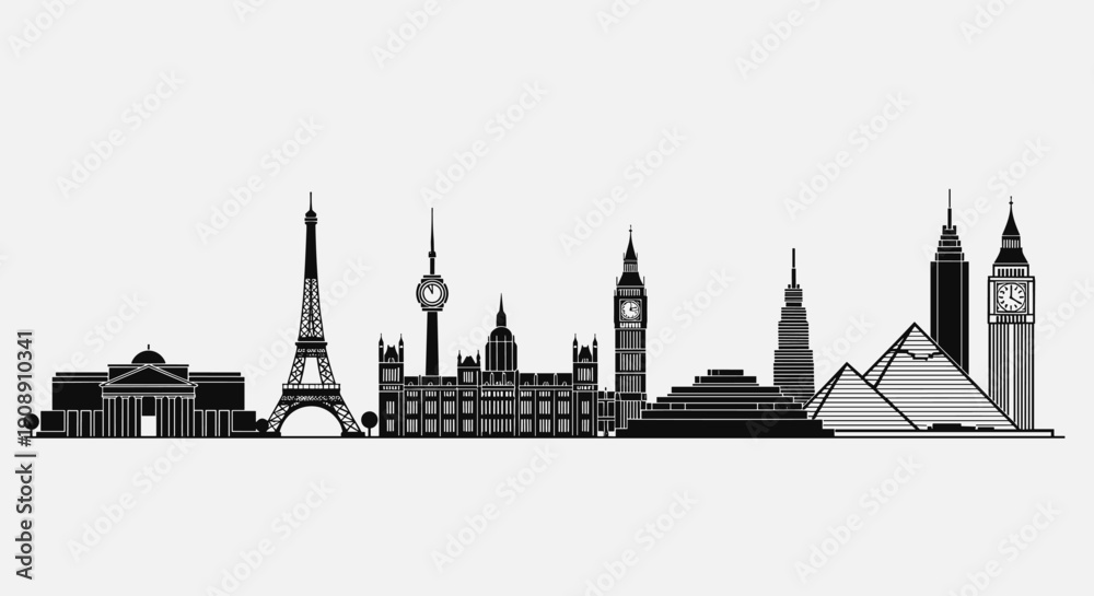 Naklejka premium A stylized, monochrome skyline illustration showcases iconic global landmarks, including the Eiffel Tower, Big Ben, and pyramids, against a clean white background, perfect for travel and
