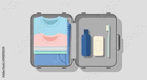 An open suitcase, illustrated in a flat vector style, is packed with folded clothing, toiletries, and travel essentials, ready for a trip or vacation, showcasing preparation.