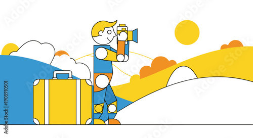 An illustrated traveler, depicted with geometric shapes, photographs a sunny landscape with a suitcase, clouds, and hills, suggesting travel and adventure against a vibrant backdrop.
