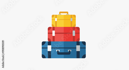 A stack of colorful, vintage suitcases in a flat design style, representing travel and vacation, isolated on a clean white background, perfect for commercial use.