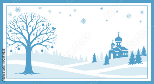 Whimsical winter landscape with bare tree snowy hills and blue church under falling snowflakes evoking serenity and holiday spirit
