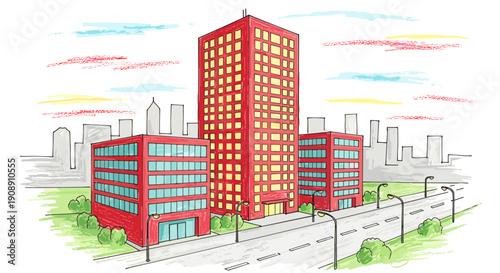 Modern urban cityscape illustration with colorful skyscrapers and office buildings featuring a bright clear day with a stylized