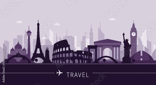 A stylized travel illustration depicts iconic world landmarks in silhouette against a soft purple backdrop, promoting global tourism and international destinations for wanderlust.