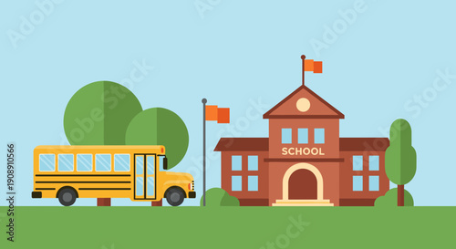 Bright yellow school bus parked outside a classic red brick school building with flags surrounded by green trees and grass