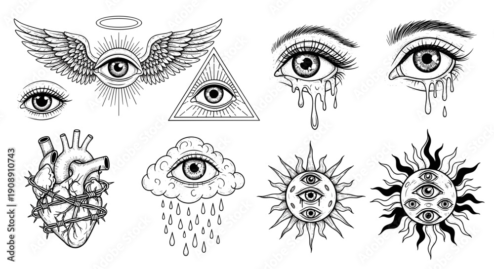 Naklejka premium Mystical eye symbols collection all seeing eye sacred heart celestial sun and moon with eyes winged eye and tearful eyes vector