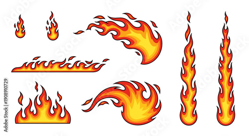 Dynamic fiery flame shapes and fire elements collection vibrant orange and yellow burning embers abstract energetic blaze