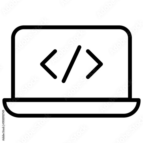 Minimalist line icon representing a laptop with coding brackets on the screen for software development