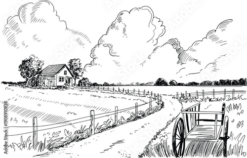 Rural scenery landscape panorama of countryside pastures, green grass field on small rolling hills under open sky natural background.