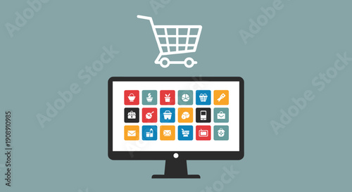 A digital shopping cart floats above a computer monitor displaying various app icons, symbolizing online retail, e-commerce, and the convenience of modern purchasing experiences.