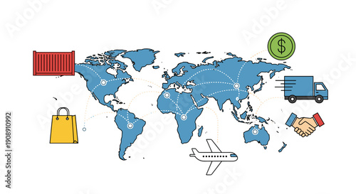 A vibrant illustration depicts global trade and logistics, showcasing international shipping routes, cargo containers, and various business elements across a world map background.