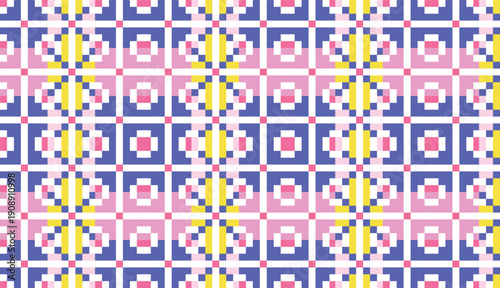 Seamless geometric pattern with a pixelated ornamental medallion in pastel blue, pink, and yellow. Abstract vector background featuring a dense repeating digital lattice
