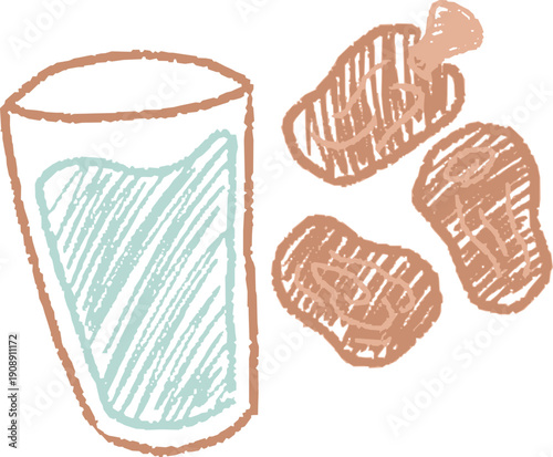 Crayon sketch of water glass and dates fruit for iftar. Ideal for Ramadan fasting themes, Islamic lifestyle visuals, and food illustrations.