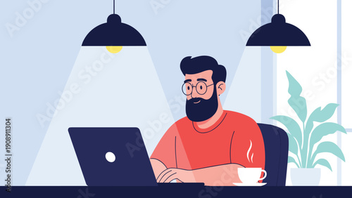 Bearded man wearing glasses and red shirt working on his laptop late at night at home desk with coffee cup and desk lamps.