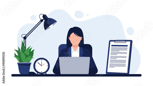 Professional businesswoman in formal suit working on laptop at tidy office desk with lamp, clock, plant, and clipboard against abstract background.