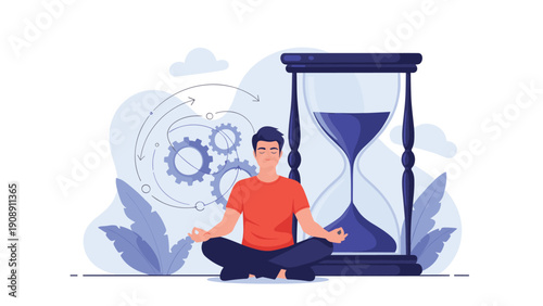 Man practicing deep meditation in front of a giant hourglass with turning gear symbols to represent efficient time and stress management.