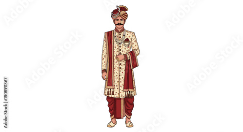 An illustration depicts a traditionally dressed Indian groom, adorned in a sherwani, dhoti, and turban, standing against a clean white background, ready for a wedding ceremony.