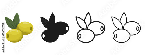 Vector set of olive illustrations: detailed color, minimalist silhouette, and clean line art. Versatile branding elements for olive oil logos, organic food labels, and Mediterranean identity.