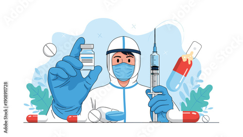 Medical professional in full protective suit holding a vaccine vial and syringe ready to administer an injection for disease prevention.