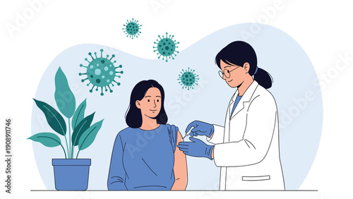 Female doctor wearing mask and gloves giving a vaccine injection to a young woman in a clinic to protect against viral infections.