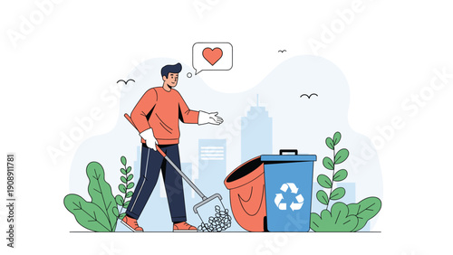 Hardworking man picking up litter in a city park next to a blue recycling bin while thinking about environmental protection.