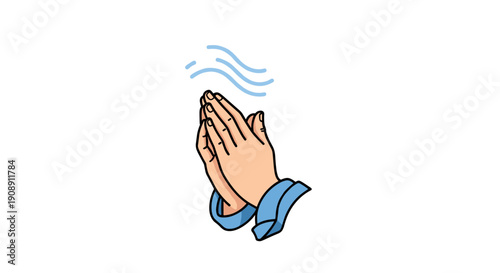 An illustrated depiction of two hands clasped together in prayer, with stylized blue lines above, representing a sense of supplication and faith in a simple, clean design.