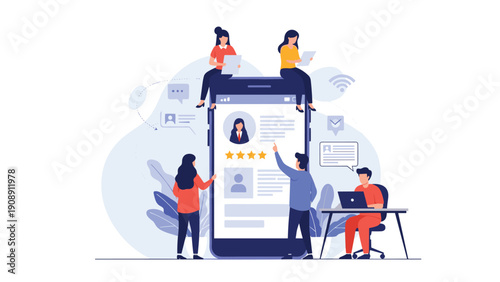 Diverse team of professionals collaborating and evaluating user experience on a giant smartphone screen with profile ratings.
