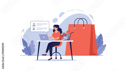 Freelance woman working on laptop at her desk with online shopping icons and a giant paper bag representing ecommerce.