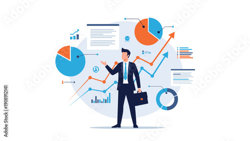 Professional businessman presenting comprehensive financial analysis with various charts, graphs, and data visualizations.