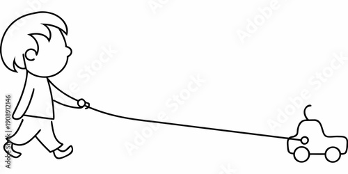 Simple line drawing of a child walking a toy car on a string